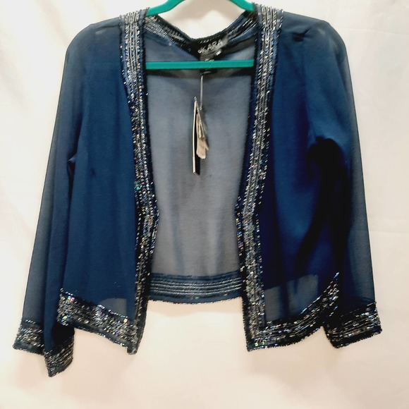 NWT Jkarta Sheer Navy Blue  Iridescent Hand Beaded Open Cardigan Shrug 14 - Picture 2 of 6